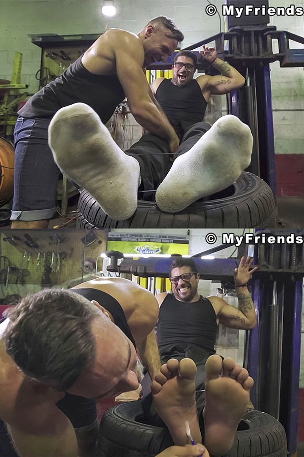 Myfriendsfeet - Canadian straight beefcake, masculine mechanic Ryan Bones (aka Alex Duca or Giuliano) gets his sensitive thighs and manly feet tickled by Manuel Skye in the garage 01
