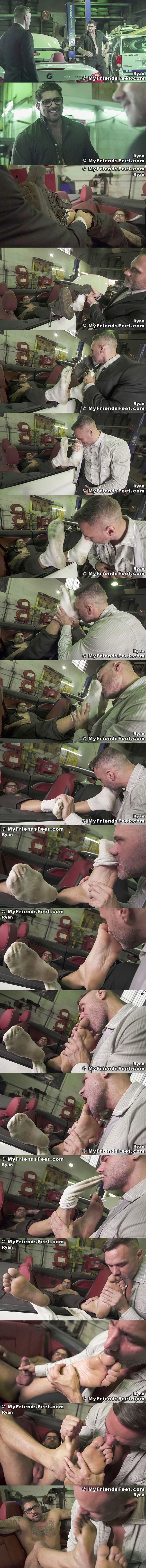 Myfriendsfeet - masculine Candian straight stud, mechanic Ryan Bones gets his socks and bare feet worshiped by Manuel Skye before Ryan blows his white jizz 02