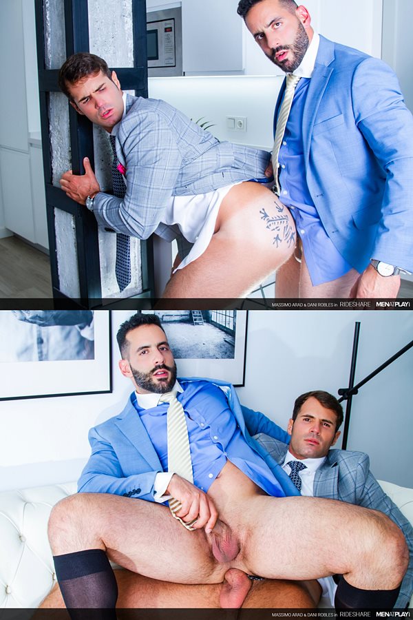 Menatplay - handsome veteran porn star Dani Robles barebacks manly bearded Brazilian buff stud Massimo Arad's muscle butt until he cums all over Massimo's face and suit in Rideshare 01