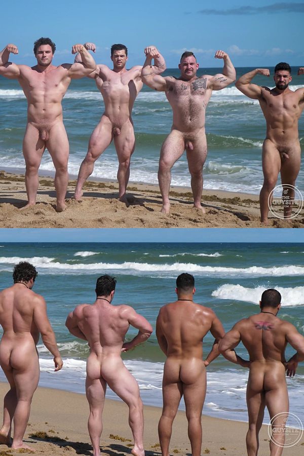 Theguysite - beefcake Collin Simpson, Damien Stone, Ludvig, Nick LA and Jack pose their muscular bodies and have a naked run at the beach in Muscle Men Nude Beach 2 01