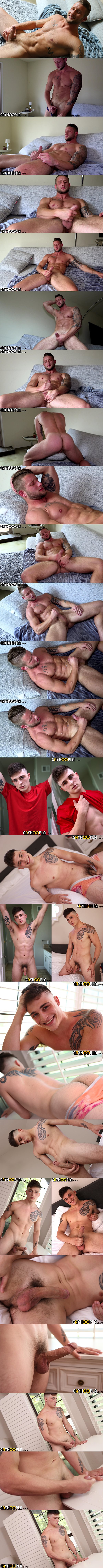 Gayhoopla - tattooed fit straight muscle jock Chad Duff and handsome big-cocked college dude Chase Arcangel pose their ripped naked bodies before they shoot their creamy loads 02
