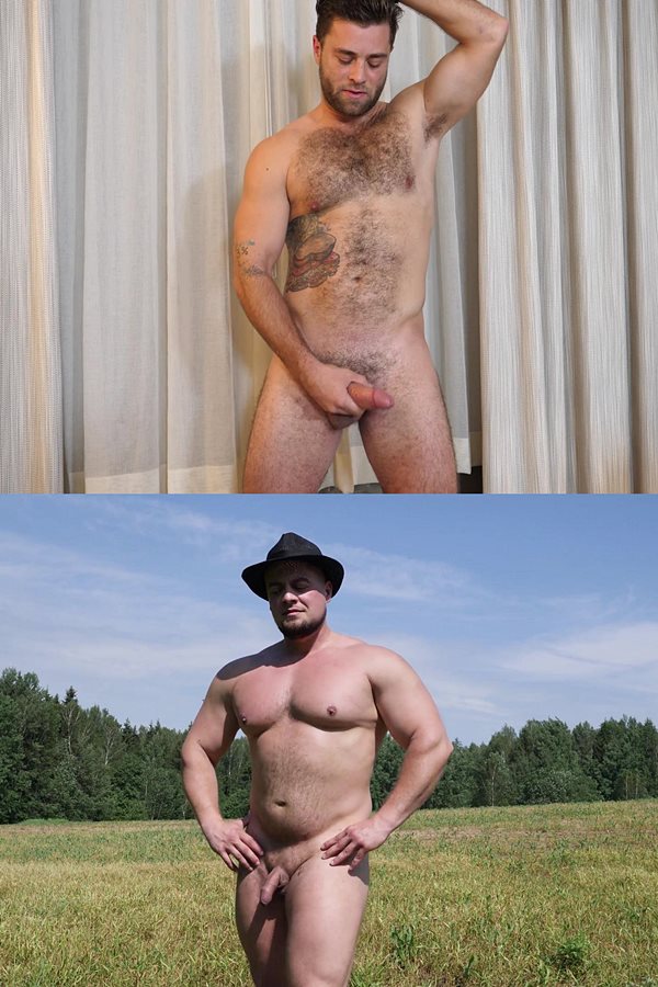 Theguysite - macho, hairy straight stud Mike and Russian Strongman Oleg pose their naked muscle bodies and jerk their hard cocks until they cum hands-free 01