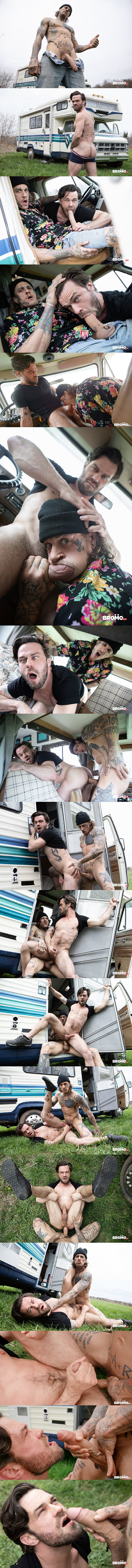 Bromo - hung hitchhiker Bo Sinn barebacks bearded muscle daddy James Fox in several positions before he fucks the cum out of James in Breeding The Happy Camper 02