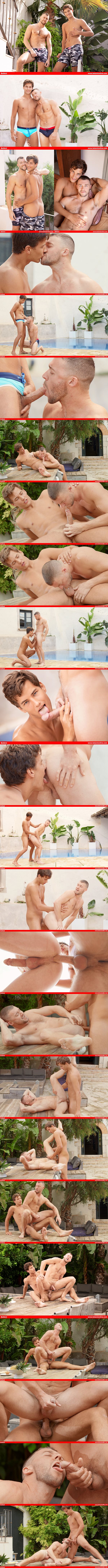Belamionline - Blond dude Tom Houston barebacks Justin's bubble ass by the pool before he fucks the cum out of Justin and dumps his load in Justin's mouth 02