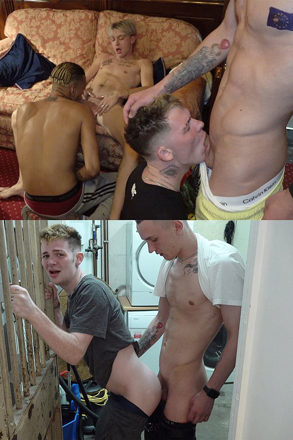 Hung Young Brit - UK gay porn stars Danny Twink, Jake Ryder and Tim Gottfrid bareback and creampie bottom slut Reece Mckenzie 01