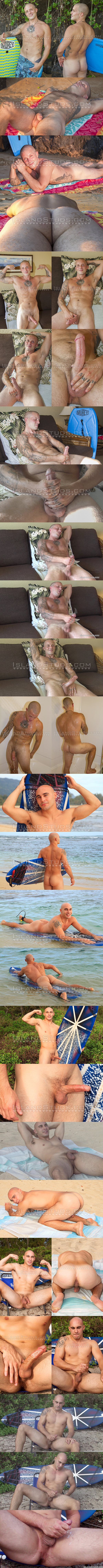Island Studs - Italian tattooed muscle god Barrett and all American straight military stud Justin surf naked, pee and jerk off 02