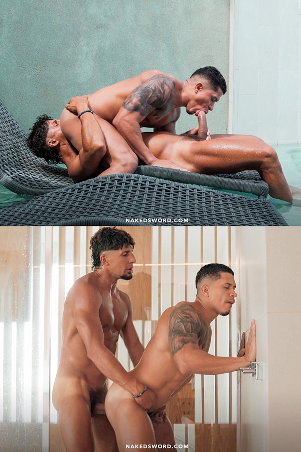 Naked Sword - manly beefcake Big Rod fucks latino muscle stud Gui Souza until he gives Gui a facial in Sir Peter Bangs Brazil 01